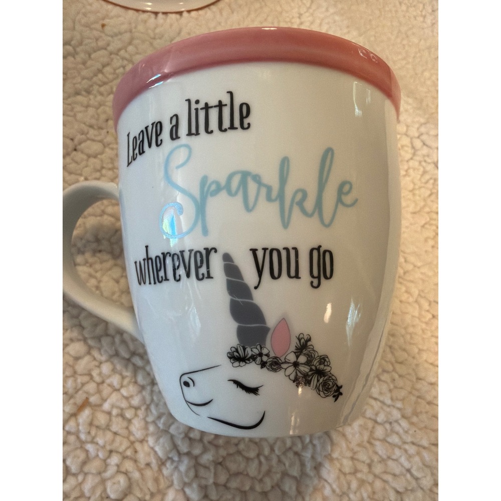 Collins Painting Unicorn Sparkle Coffee Mug White Pink Rim Ceramic Cup 12oz